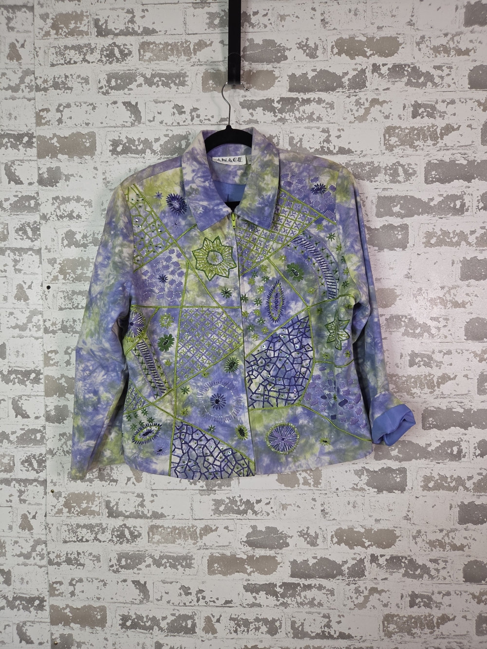 Vintage Anage Purple Green TieDye Patchwork Embroidered Beaded Zip Jacket Size L